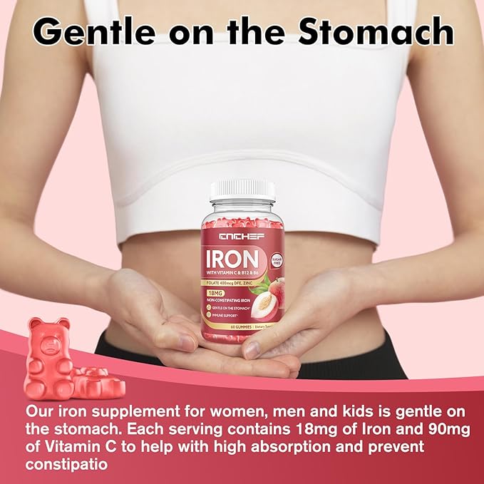 2PCS Iron Supplement for Women & Men Gummies, Multivitamin Blood Builder Iron Supplement with Folate Vitamin C B12 B6 Zinc for Adults & Kids - Energy Support - Peach Flavor, Vegan 120 Gummies