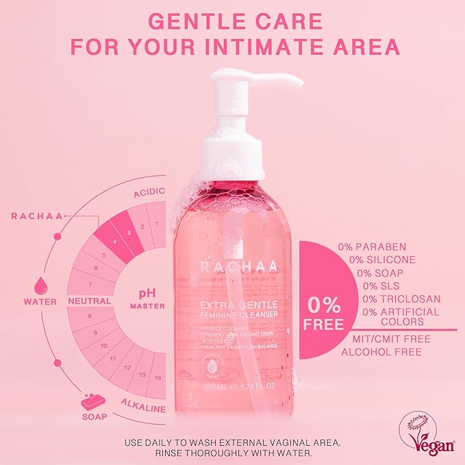 RACHAA Feminine Wash for Women - Gentle Daily Intimate Cleanser for Lightening, Moisturizing, Cleansing with Vitamin C, Tea Tree Oil & Lactic Acid - Sensitive, Hypoallergenic & pH Balance, 6.76 FL.Oz
