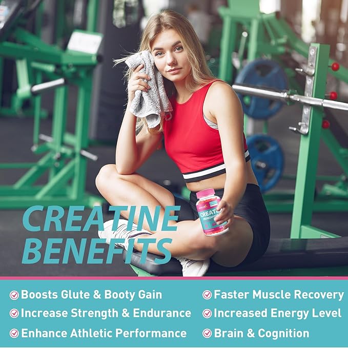 Creatine for Women, Creatine Monohydrate Gummies - No Bloating - Pre and Post Workout Chewables Supplement with Taurine & B6 - for Recovery, Strength, Energy & Booty, Performance, 60 Counts