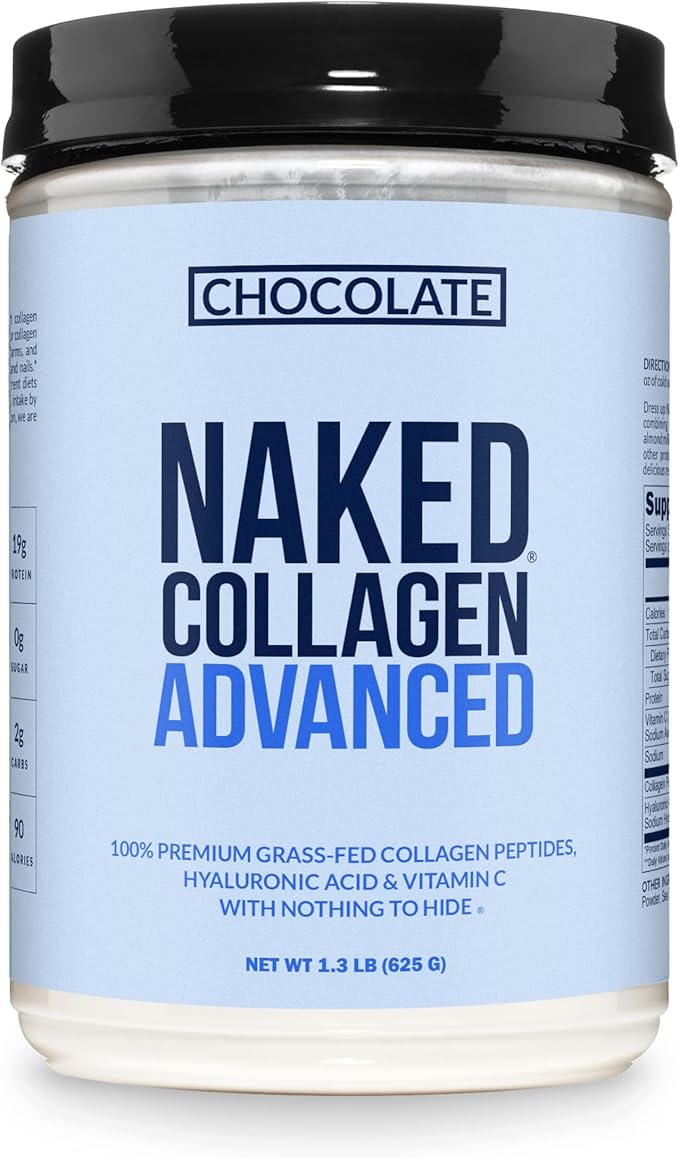 NAKED Chocolate Collagen Advanced - Peptides Protein Powder, Hyaluronic Acid, Vitamin C, Pasture-Raised, Grass-Fed Hydrolyzed Collagen Supplement, Paleo Friendly, Non-GMO, Keto, Gluten Free, 1.3LB