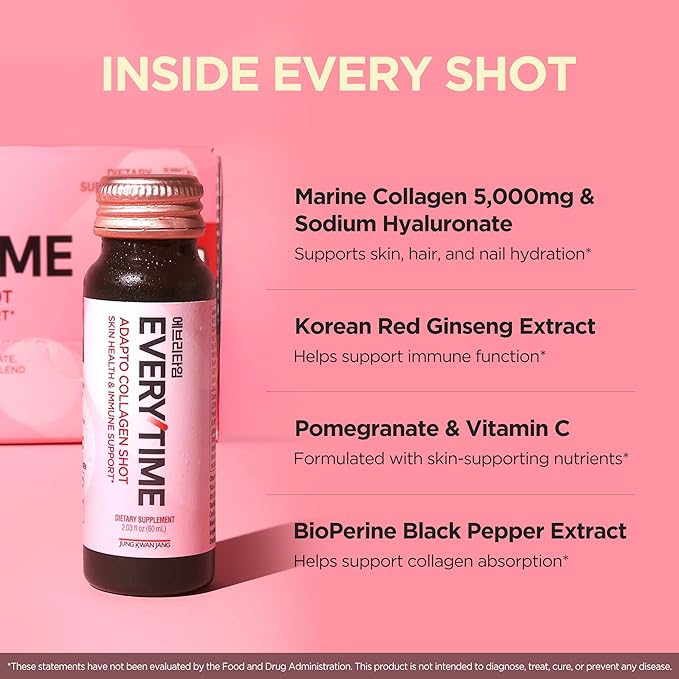 JUNG KWAN JANG Everytime Adapto Collagen Shot - Skin and Sleep Support - Liquid Adaptogen Drink with Marine Collagen, Passion Fruit, Chamomile NAD L-Theanine - Gluten Free (10 Bottles, 2.03 fl oz)