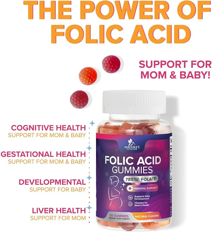 Folic Acid Gummies for Women - Folate 785 mcg Per Serving - Essential Prenatal Vitamins for Mom & Baby, Vegan Folic Supplement Gummy, Daily B9 Vitamin, Before During After Pregnancy - 60 Gummies