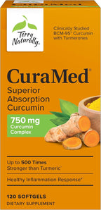 Terry Naturally CuraMed 750 mg - Antioxidant Supplement for Brain & Heart Health Support - Supplement with High-Potency Curcumin Complex - Kidney, Liver & Immune Health Support - 120 Softgels (1 Pack)