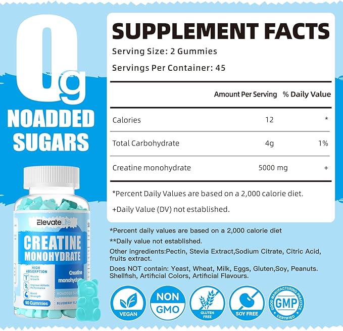 ElevateLife Creatine Monohydrate Gummies for Men & Women, Chewables Creatine Monohydrate for Muscle Strength, Muscle Builder, Energy Boost, Pre-Workout Supplement(90 Count)-Blueberry