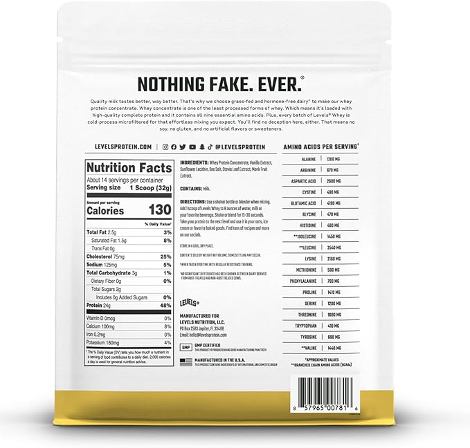 Levels Grass Fed Whey Protein Powder, No Artificials, 24G of Protein, Vanilla Bean, 1LB