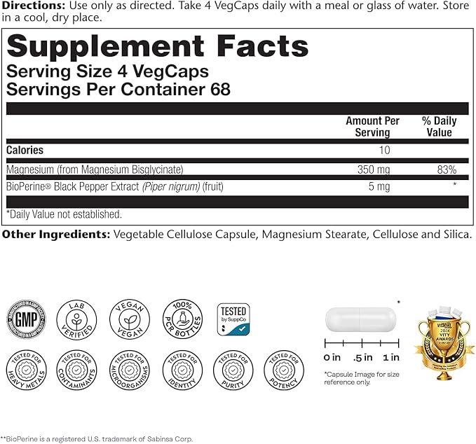 SOLARAY Magnesium Glycinate Capsules, Chelated Magnesium Bisglycinate w/BioPerine, Higher Absorption Magnesium Supplement - Bones, Muscles, Heart Support, Vegan, 68 Servings, 275 VegCaps