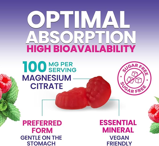 Magnesium Citrate Gummies - Sugar Free - High Absorption & Bioavailability Magnesium Gummy Supplement - Improved Vegan Formula - Supports Bones, Muscles, Calm, & Relaxation - Mag Citrate - 60 Gummies