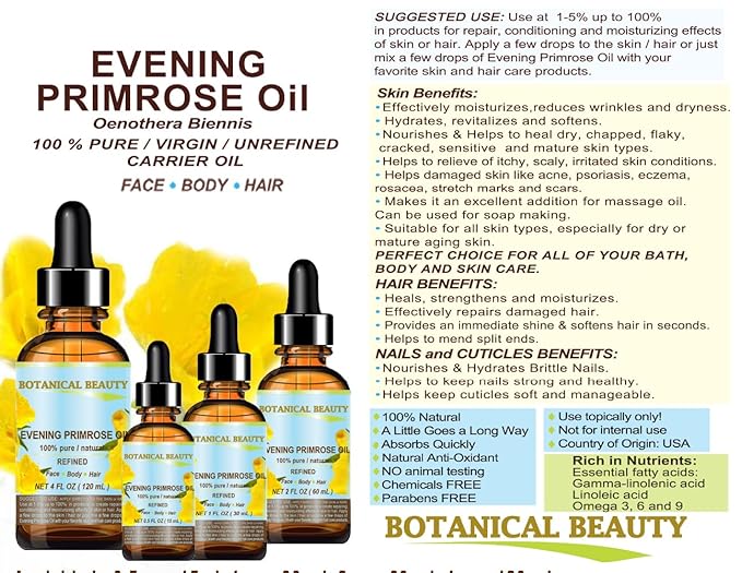Botanical Beauty EVENING PRIMROSE OIL 100% Pure Natural Undiluted Unrefined Virgin Cold Pressed Carrier Oil. 1 Fl.oz.- 30 ml for face, skin, hair, nails. Rich in essential fatty acids GLA