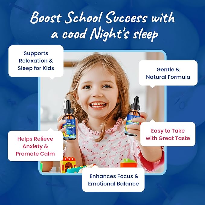 2 Pack Magnesium Liquid for Kids - with L-Theanine Omega-3, Vitamin B6, D3, Zinc - Kids Magnesium Glycinate Drops for Sleep, Relaxation, Calm & Focus - Green Apple Flavor