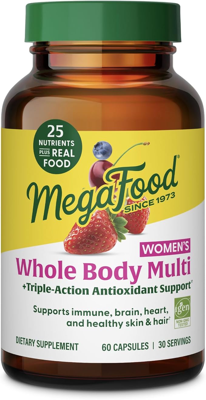 MegaFood Whole Body Womens Multivitamin - Multivitamin for Women - Vitamin D3 K2, Magnesium Citrate, Folate, Biotin, Iron - Brain, Heart, Skin & Hair & Immune Support - 60 Capsules, 30 Servings