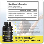 Vitamin D3 K2 3000 IU - with Vitamin K as MK-7 from Natto - High Potency Vitamin D Supplement Support Healthy Bones, Teeth, Heart & Immune Function, Gluten-Free - 90 Capsules