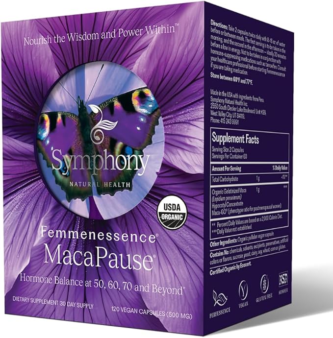 Femmenessence® MacaPause® – Clinically Proven Postmenopausal Organic Vegan Supplement for Natural Hormone Balance, Menopause Symptom Relief, Bone & Heart Health (120 Capsules, 30 Day Supply)