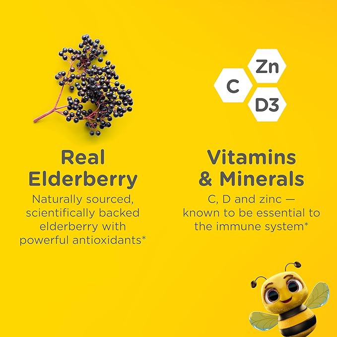 Zarbee's No Sugar Coating Elderberry Gummies for Kids, Daily Immune Support* Gummies with Vitamins C, D3 & Zinc to Support a Healthy Immune System*, No Artificial Flavors, Ages 2+, 60 ct