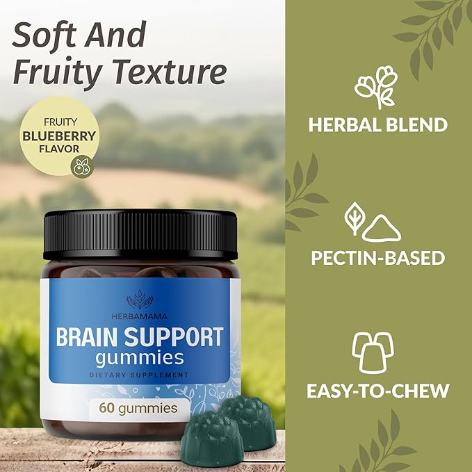 HERBAMAMA Brain Support Gummies – Brain Focus Supplements for Adults with Ashwagandha, Bacopa Monnieri, Vitamin C & B12 – Vegan, Non-GMO Calming Gummies – 60 Pectin-Based Blueberry-Flavored Chews