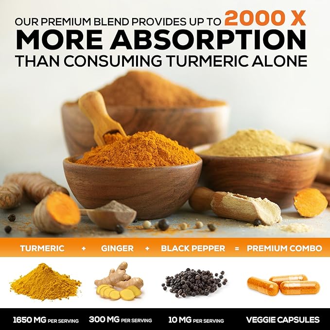 Turmeric Curcumin Supplement - 95% Curcuminoids with Organic Turmeric & Ginger, BioPerine Black Pepper Extract for Best Absorption, Natural Vegan Joint Support, Non-GMO, Bottled in USA - 60 Capsules