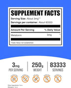 BulkSupplements.com Melatonin Powder - Pure Melatonin, Sleep Aid for Adults - Vegan & Gluten Free, 3mg per Serving, 250g (8.8 oz) (Pack of 1)