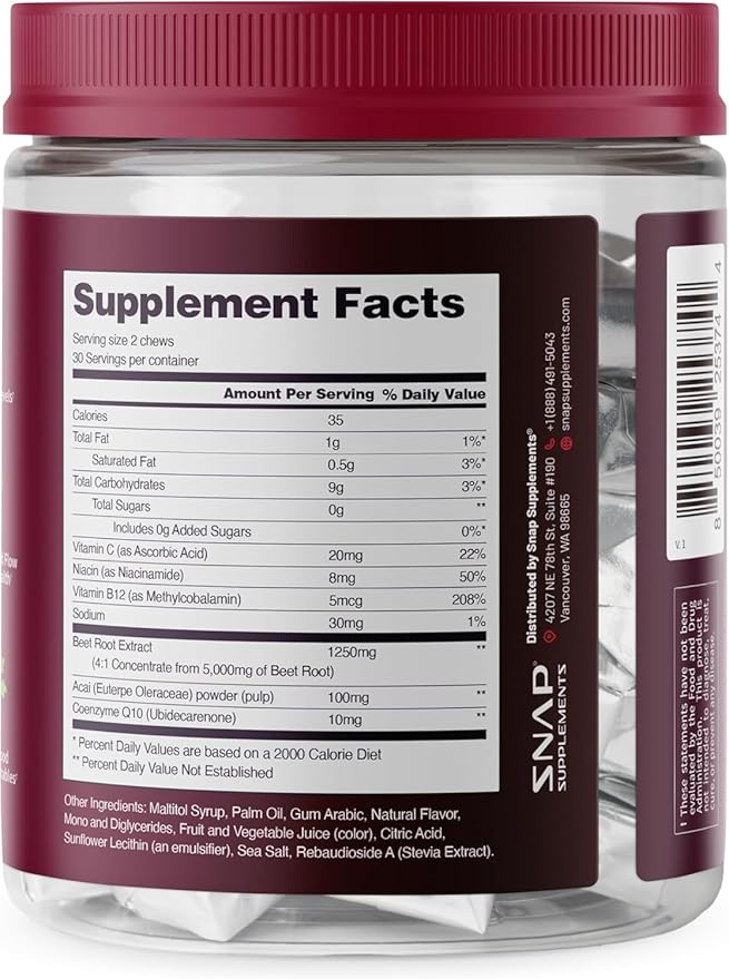 Snap Supplements Heart Beets Beet Root Soft Chews, Cardiovascular Support Supplement for Men & Women, CoQ10 & Acai, Energy & Circulation Support, Sugar Free, Mixed Berry, 60 Soft Chews