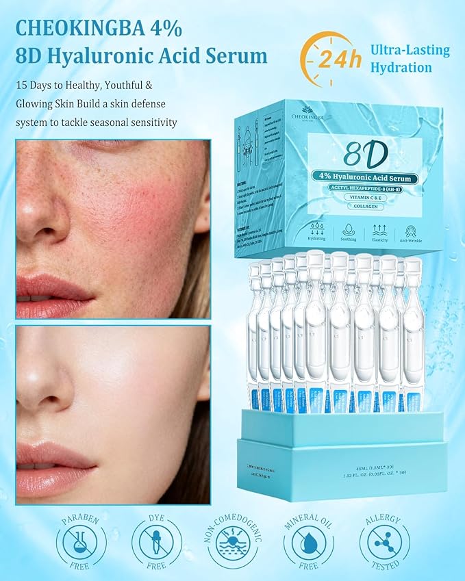 4% Hyaluronic Acid Serum for Face, 8D Hyaluronic Acid Ultra Hydrating Anti-Aging Serum with 20,000ppm Acetyl Hexapeptide-8, Korean Skincare Single-Use Ampoule for Dry & Sensitive Skin, 30pcs