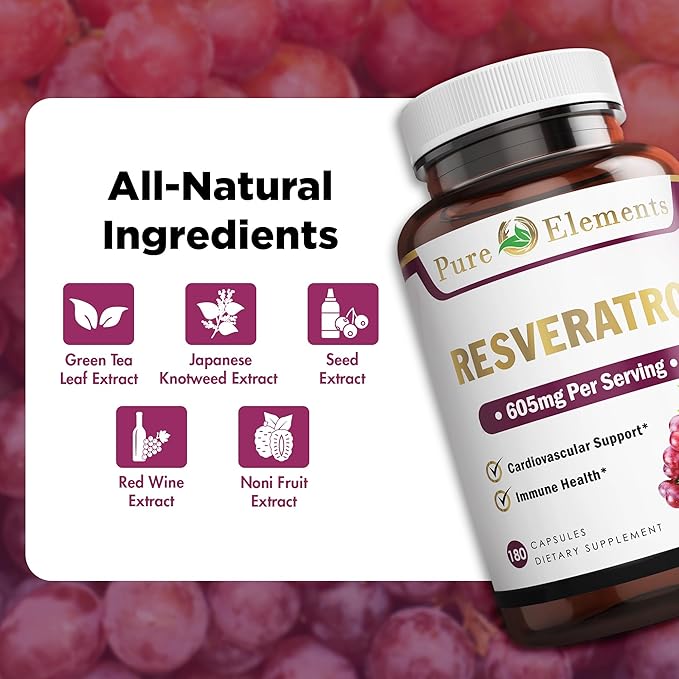 Pure O Elements Resveratrol 1450mg Extra Strength Formula to Promote Better Skin and Immunity with Green Tea, Grape Seed Ext,Red Wine Extract and Others 90 Days Supply