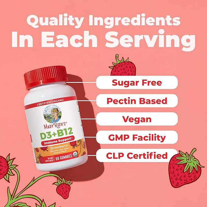 MARYRUTH'S Organic Vitamin D3 + B12 Gummies for Ages 4+ | Bone Health | Immune Support | Energy Metabolism | Cognitive Function | Vegan | Non-GMO | Gluten Free | 60 Servings | 2 Month Supply