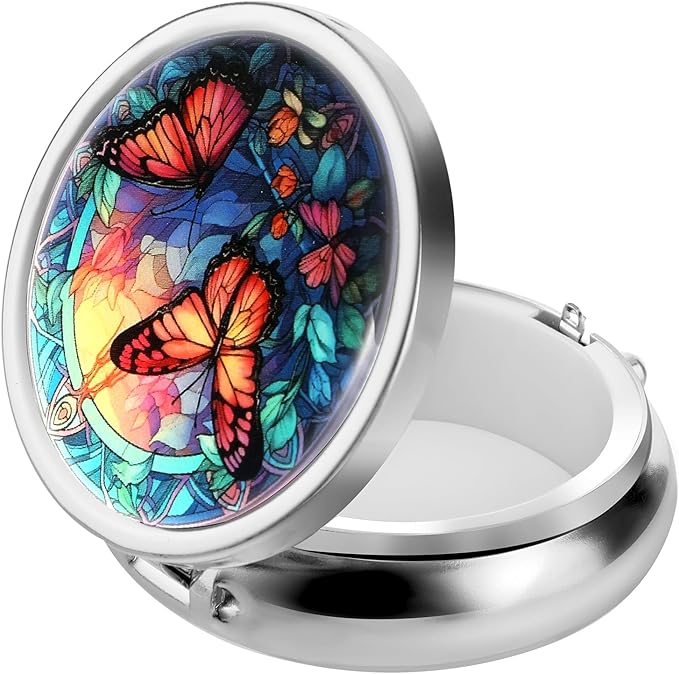 WLLHYF Pill Box Cute Small Pill Box for Purse & Pocket Medicine Organizer Travel Pillbox Waterproof Pill Case Metal Pill Container Holder for Vitamins, Fish Oil, Supplements (Silver Butterfly)