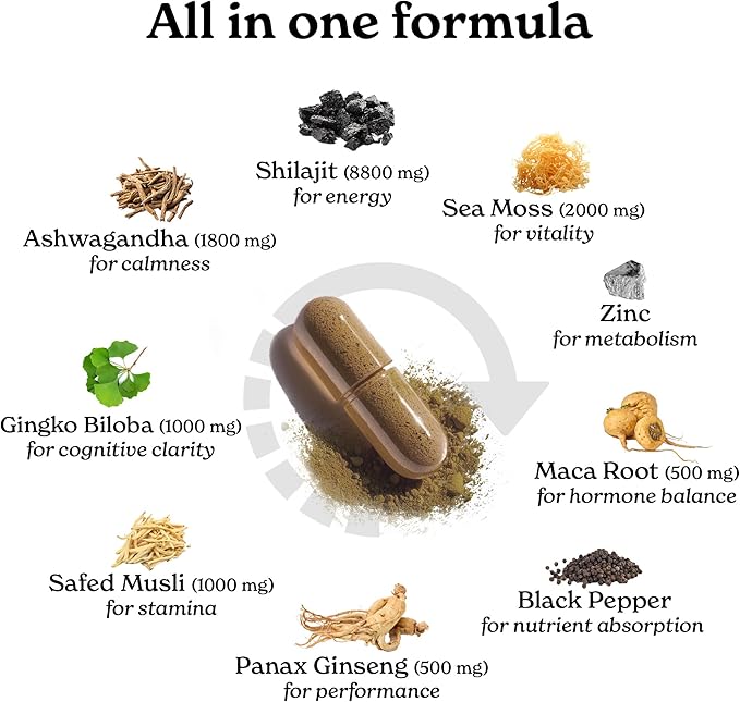 8800mg Shilajit, Maca Root, Ginkgo Biloba, Sea Moss, Ashwagandha, Panax Ginseng, Safed Musli & Zinc| Boost Stamina & Energy, 120 Capsules| 95 + minerals| All in One Herbal Supplement for Men & Women