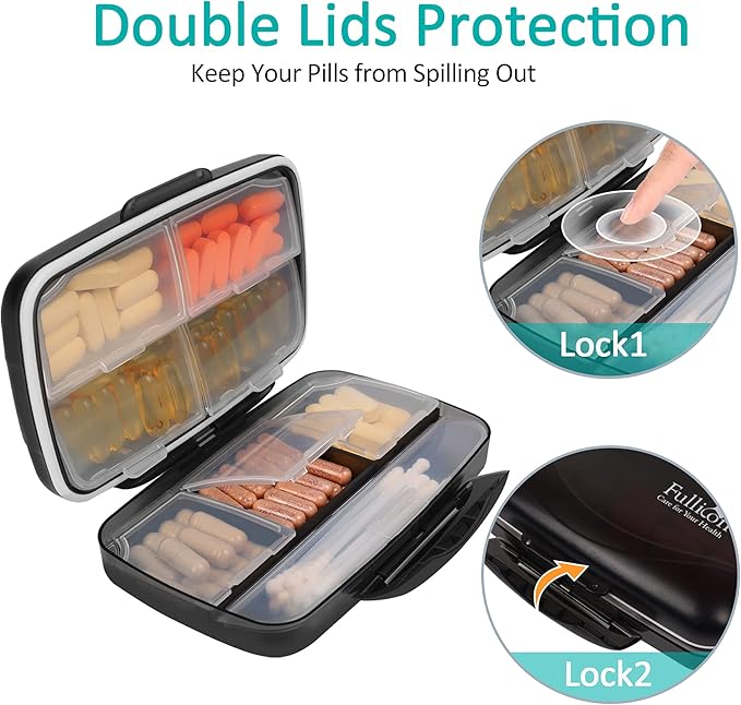 Travel Pill Organizer Large Portable Medication Organizer, Fullicon Oversize 8 Compartment Pill Box, Vitamin Travel Case Pill Holder - Airtight & Moistureproof (Blue)