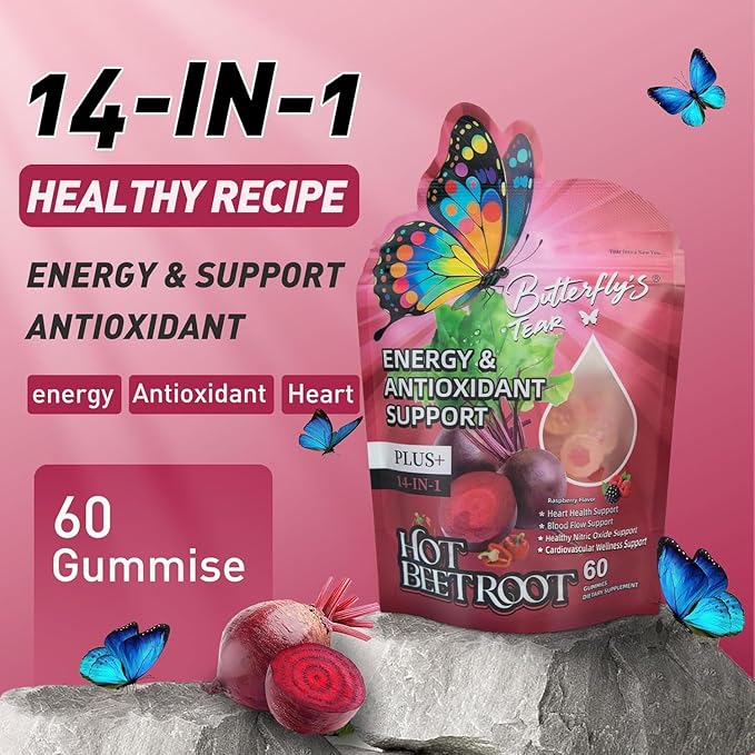 BUTTERFLY'S TEAR Organic Beet Root Gummies, 1500mg Beet Root Powder, Supports Healthy Circulation & Vitality, Non-GMO, Plant-Based (60 Count (Pack of 3), Superfood Beets Gummies)