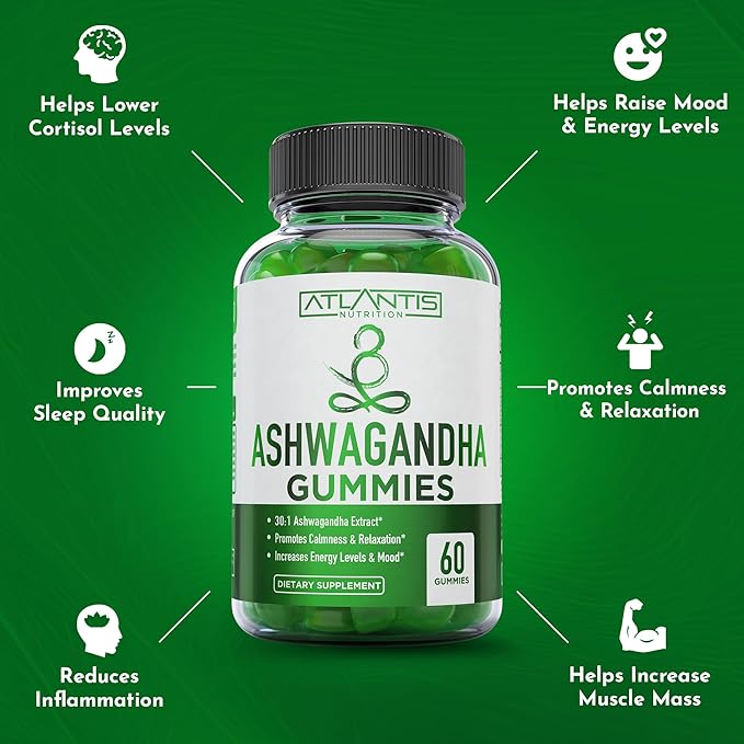 Atlantis Nutrition Ashwagandha Gummies - Ashwagandha Extract 30:1 - Promotes Calmness, Improves Mood, Boosts Energy Levels & Strengthens Immune System - Formulated w/Vitamin D & Zinc - Vegan | 60 Ct