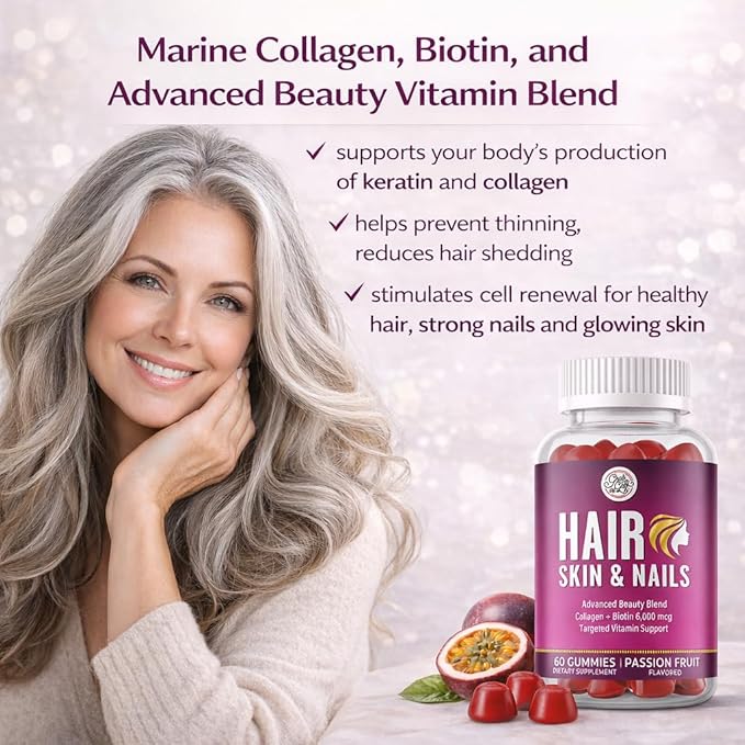 Grab The Gold Hair Skin & Nails Vitamins for Women | Gummies with 6000mcg Biotin & Collagen | 10 Essential Vitamin & Minerals | Gluten-Free, Non-GMO, Passion Fruit Flavor | 1 Month Supply, Made in USA