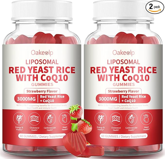 2 Pack Liposomal Red Yeast Rice with Coq 10 3000mg Gummies,Organic Red Yeast Rice Cholesterol Lowering Supplements, Enhanced with Coq 10 for Heart Health Support,Liposomal Enhance 98% Absorption
