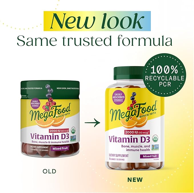 MegaFood Vitamin D3 Gummies 2000 IU (50 mcg) - Vitamin D Gummies Mixed Fruit Flavor, Bone, Muscle & Immune Support Supplement, Vegetarian, Gluten-Free, USDA Organic – 70 Gummies, 35 Servings