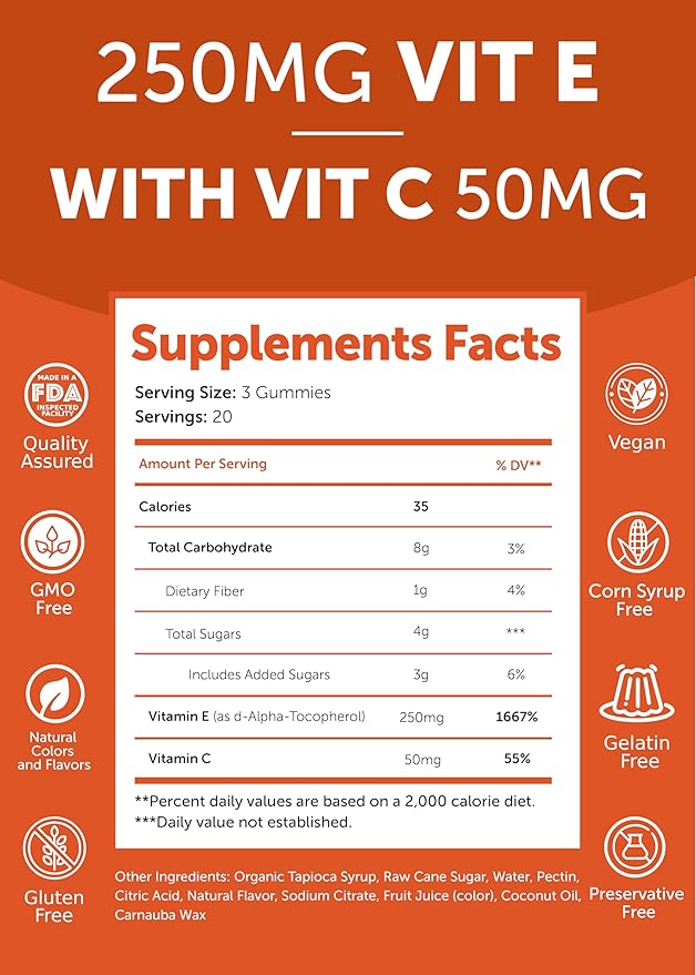 Lunakai Vitamin E Gummies with Vitamin C - Tastiest Proprietary Formula - 250mg (400IU) VIT E - Antioxidant, Skin & Eye Health Support, Non-GMO, Vegan Supplement - 6 Pack