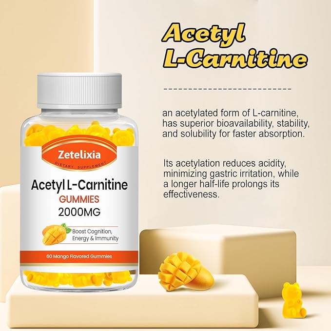 Acetyl L-Carnitine Gummies, L-Carnitine Supplement for Women & Men, Nutrition Supplement for Boost Energy, Immunity & Brain Health, Vegan, Non-GMO, Mango Flavor, 60 Count