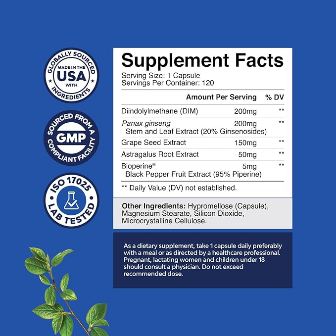 Natures Craft DIM Supplement for Men - DIM Estrogen Blocker for Men for Hormone Balance & Prostate Health - Diindolylmethane Complex with Panax Ginseng, Bioperine, Grapeseed & Astragalus - 120 Count