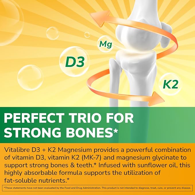 Vitalibre Vitamin D3 K2 + Magnesium Supplement, 10000 IU Vitamin D3 & 100 mcg K2, with Magnesium Glycinate, Bone, Teeth, Immune & Energy Support, High Absorption, Non-GMO, Easy to Swallow, 60 Softgels