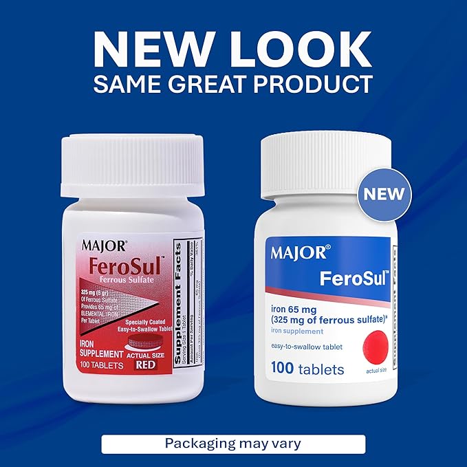 MAJOR Ferosul - Ferrous Sulfate 325mg Tablets with 65mg of Elemental Iron - Iron Supplement for Women, Men - Red - 100 Count (3 Pack)