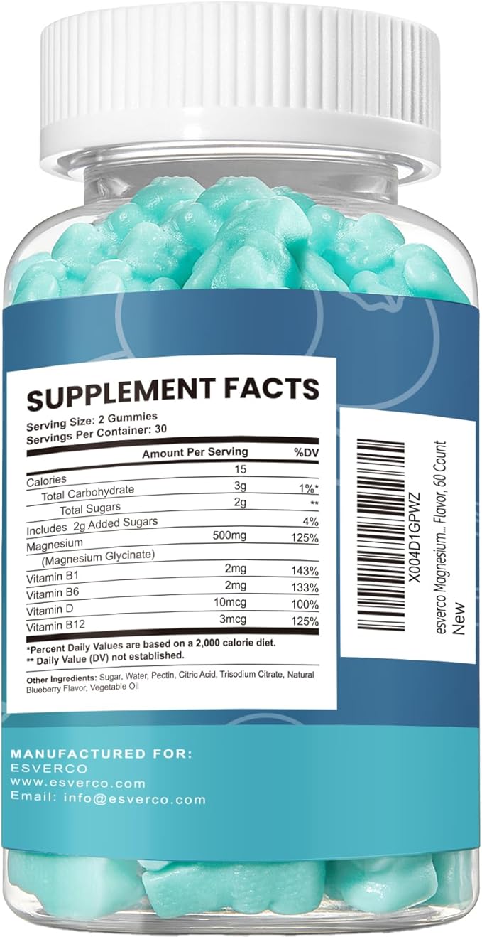 Magnesium Glycinate Gummies 500mg Sleep for Men & Women Vitamin C, Vegan Promotes Relaxation Muscle, Chewable Magnesium, No Melatonin, Non GMO, Natural Blueberry Flavor, 60 Count