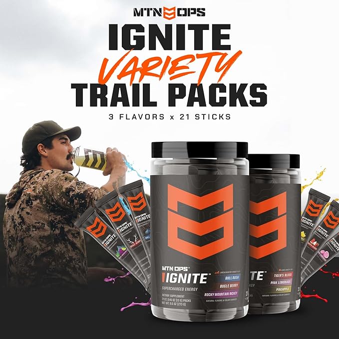 MTN OPS Ignite Sugar Free Energy Drink Powder Variety Pack with 200mg Caffeine, Travel Pre Workout Packets for to-Go Energy, Nootropic Blend, L Arginine & L Citrulline, Backcountry Flavors