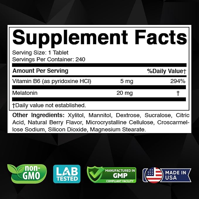 Melatonin 20 mg - 240 Fast Dissolve Tablets - Drug Free - Natural Berry Flavor - Vegetarian, Non-GMO, Gluten Free 240 Count (Pack of 3)