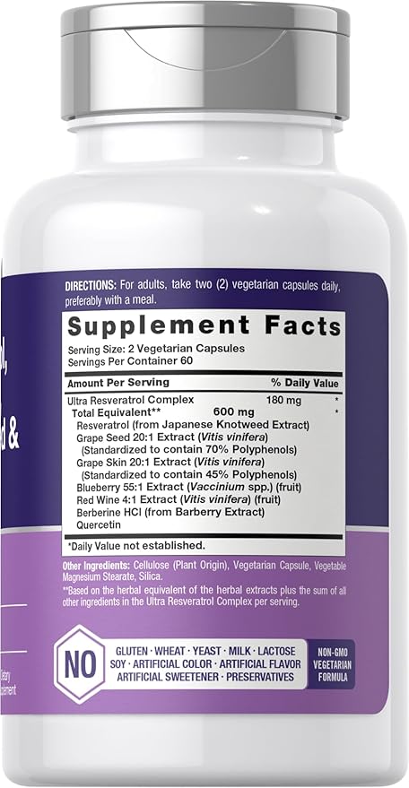 Horbäach Resveratrol Berberine Grape Seed & Quercetin | with Blueberry & Red Wine Extract | 120 Capsules | Non-GMO, Gluten Free & Vegetarian Supplement
