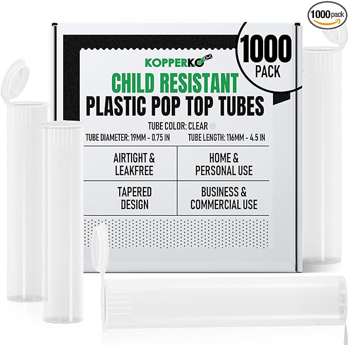Kopperko Small Plastic Bottles with Caps (116mm, 4.6 Inch 1000-Pack) | Child Resistant Small Tubes with Caps | Storage Tubes for Spices | Airtight, UV Resistant & Waterproof (Clear Plastic)
