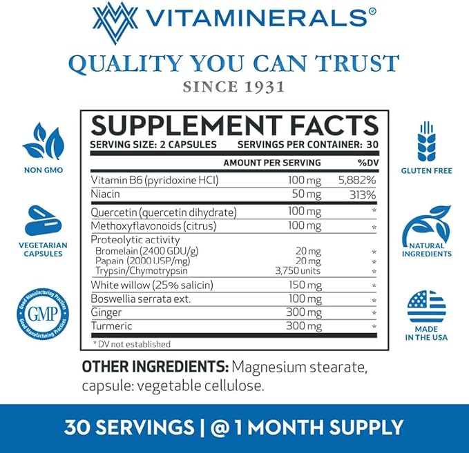 Vitaminerals® 121+ Inflamax® Plus | Discomfort Support Management | Quercetin | Proteolytic Enzymes | Ginger | Turmeric | Veggie caps (60)