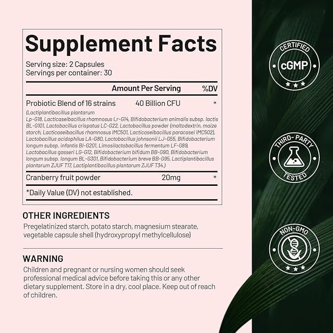 Probiotics for Women, 16 Strains with Cranberry Powder for Digestive, Vaginal&Immune Health Support, 40 Billion CFU, Vaginal Probiotics for Women pH Balance & UTI, Support Vaginal Odor & Flora