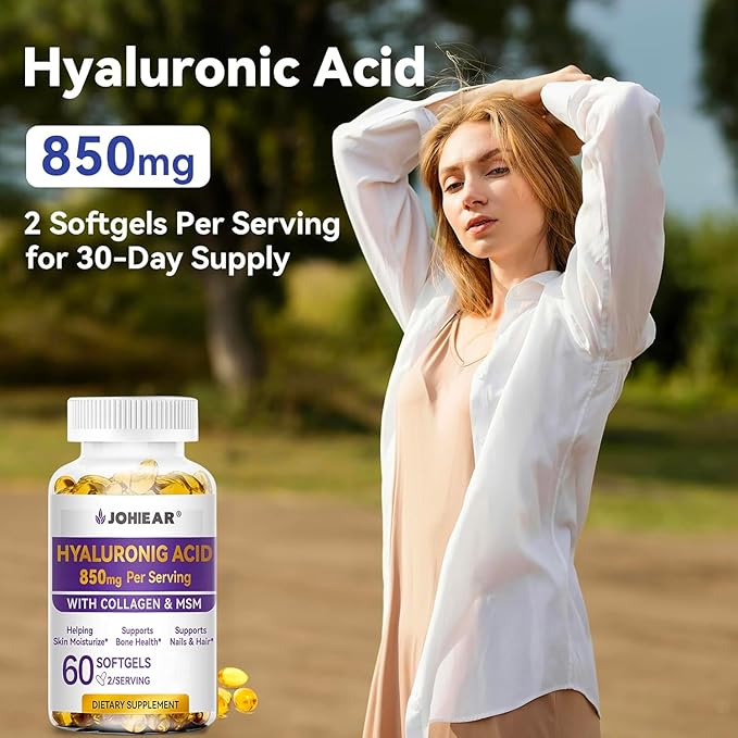 Hyaluronic Acid Supplements, 850mg High Bioavailable Dietary Hyaluronic Acid Capsules, Double Strength Skin Hydration, Eye Health, Hair & Nails Growth Support, 60 Softgels, 2 Pack