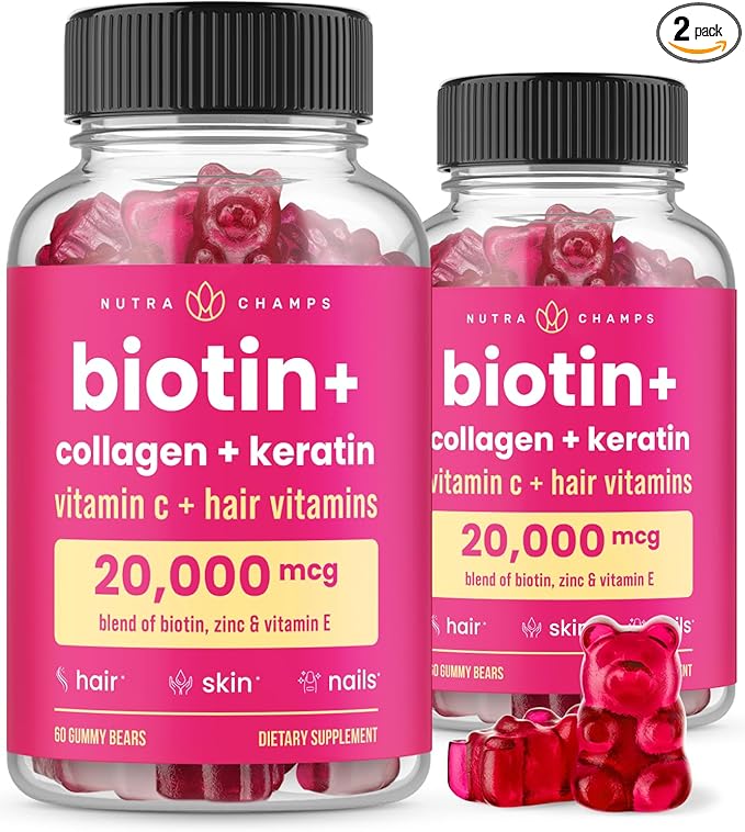 NutraChamps Biotin Gummies 5000mcg with Collagen, Keratin & More – Hair Skin and Nails Vitamins for Women & Men – Support Normal Hair Growth Cycle - Enhanced with Vitamin C, D3, Zinc (Pack of 2)