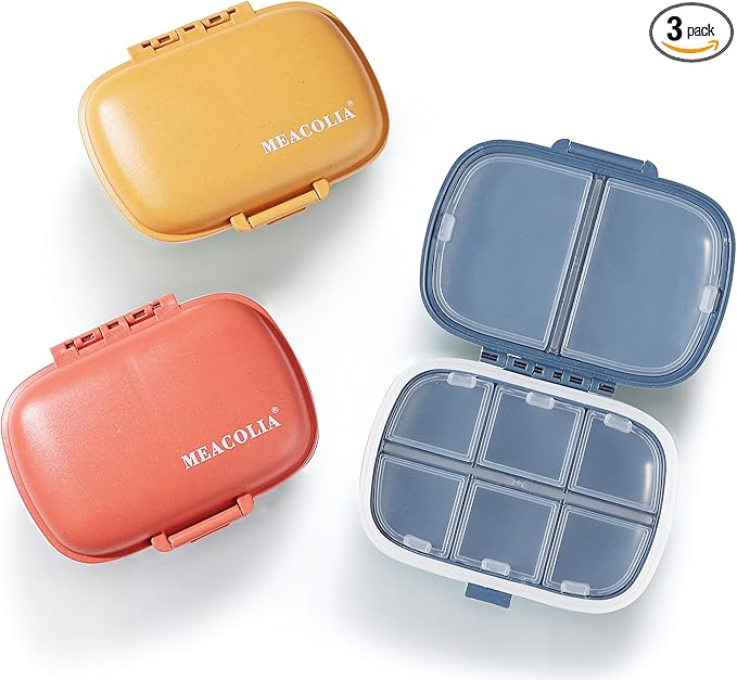MEACOLIA 3 Pack 8 Compartments Travel Pill Organizer, Daily Pill Case Small Pill Box for Pocket Purse, Portable Pill Container Medicine Vitamin Organizer (Dark Blue, Red, Yellow)