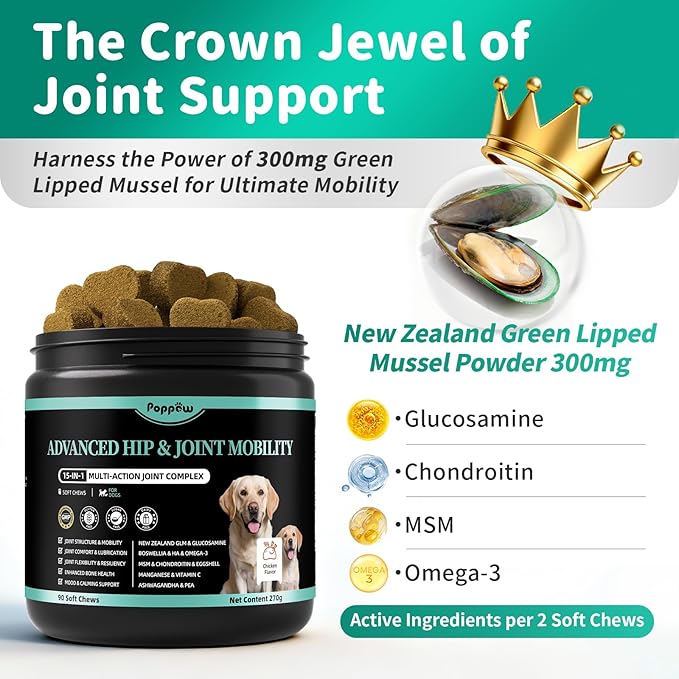 Advanced Dog Joint Supplement – 15-in-1 Glucosamine for Dogs with Chondroitin, MSM & Green Lipped Mussel – Hip & Joint Pain Relief Mobility Chews, Chicken Flavor, 90Ct Breeds