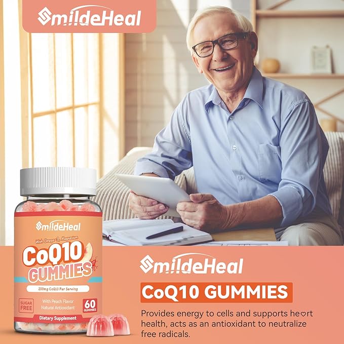 CoQ10 Gummies 200mg with Omega-3, EPA + DHA, & Magnesium - Coenzyme Q10 Supplements for Heart Health, Cellular Energy & Antioxidant, Vegan - 60 Gummies