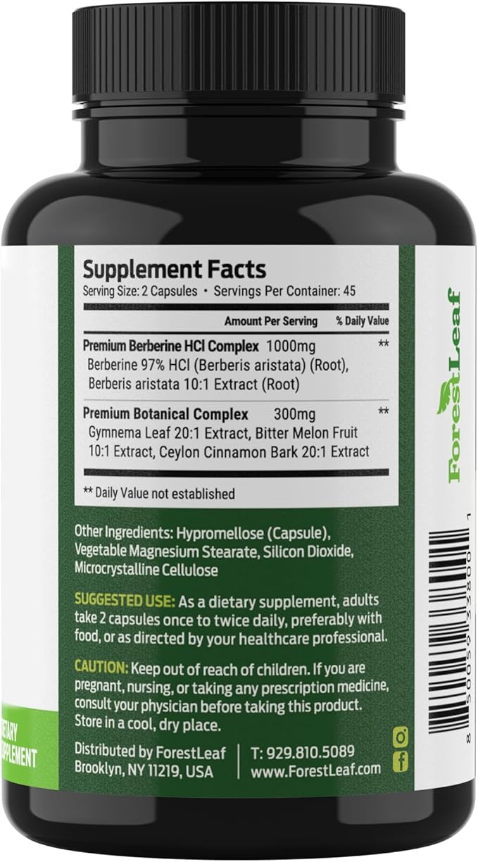 ForestLeaf Berberine Supplement - 1300mg per Serving - Ultra High Potency Berberine HCl with Ceylon Cinnamon, Bitter Melon & Gymnema - Weight Management Support - 90 Caps